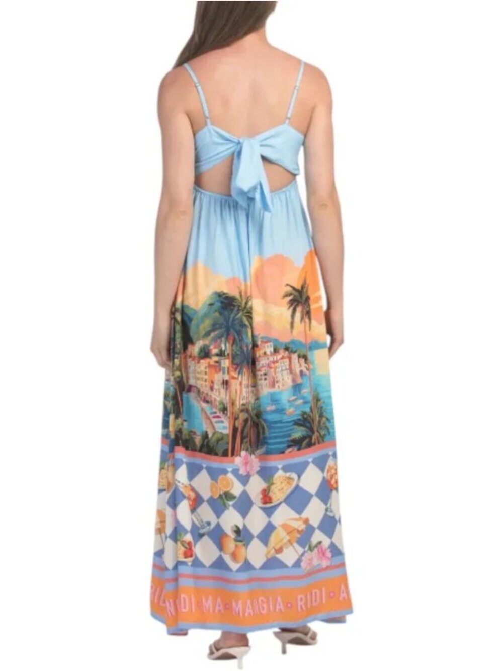 Paperheart Italian Landscape Tie Back Maxi Dress Blue Multi NWT Vacation Ready - Picture 3 of 3